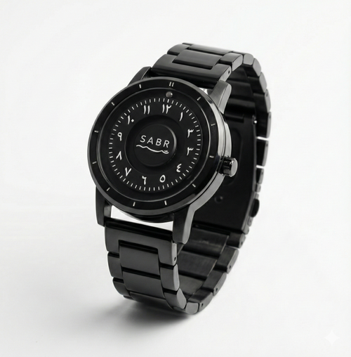 Black sabr watch with branding on a white background